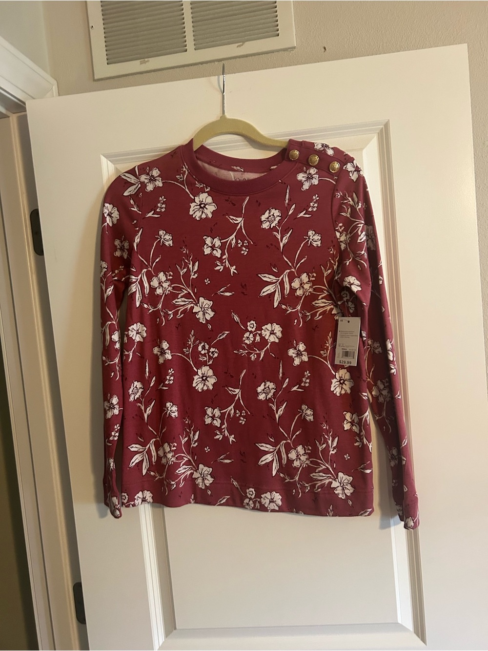 Women's Floral Button-Shoulder Long Sleeve Sweatshirt - Burgundy